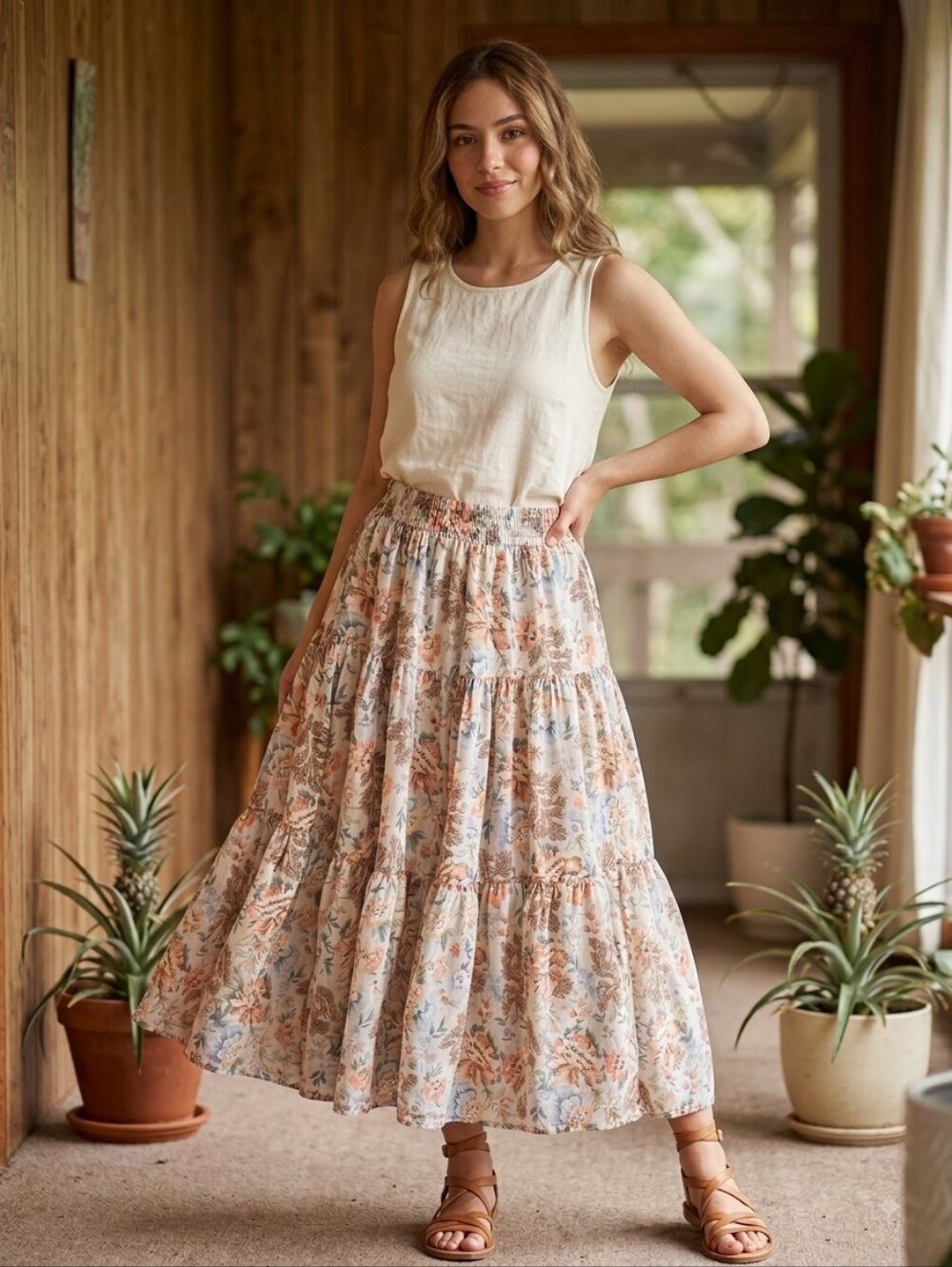 NIPON STUDIO WOMAN Boho Floral Tiered Midi Skirt, Size 16 - Picture 2 of 8